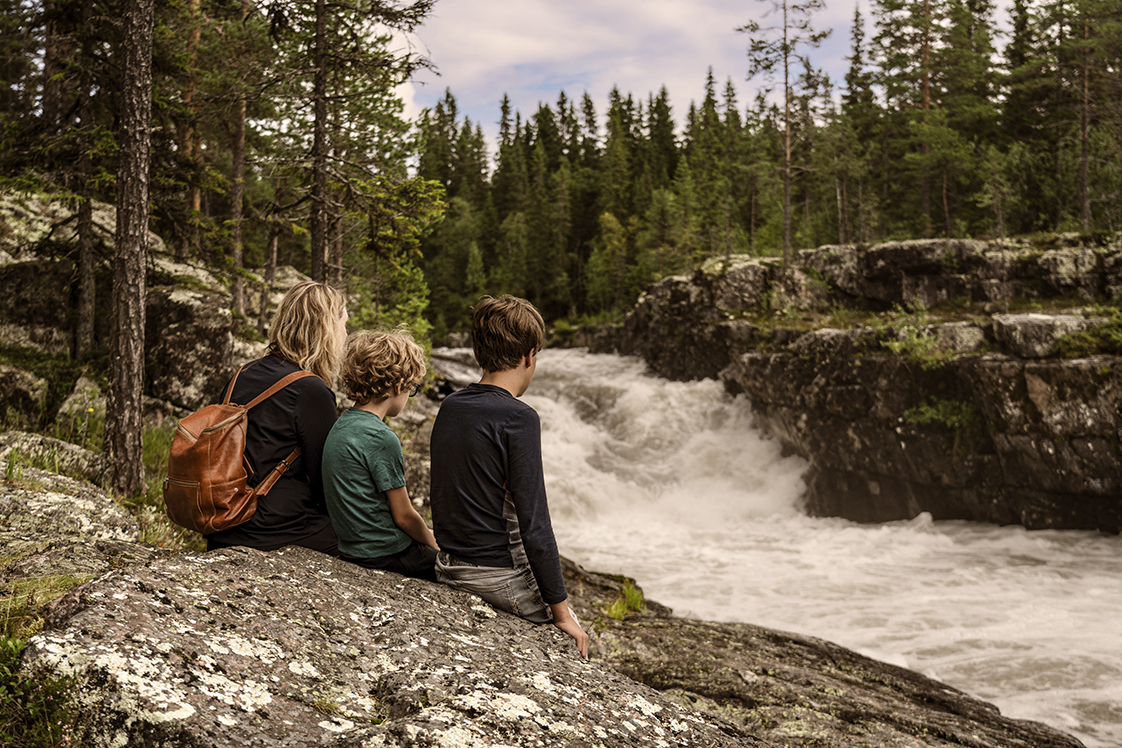 Familj vid vattenfall